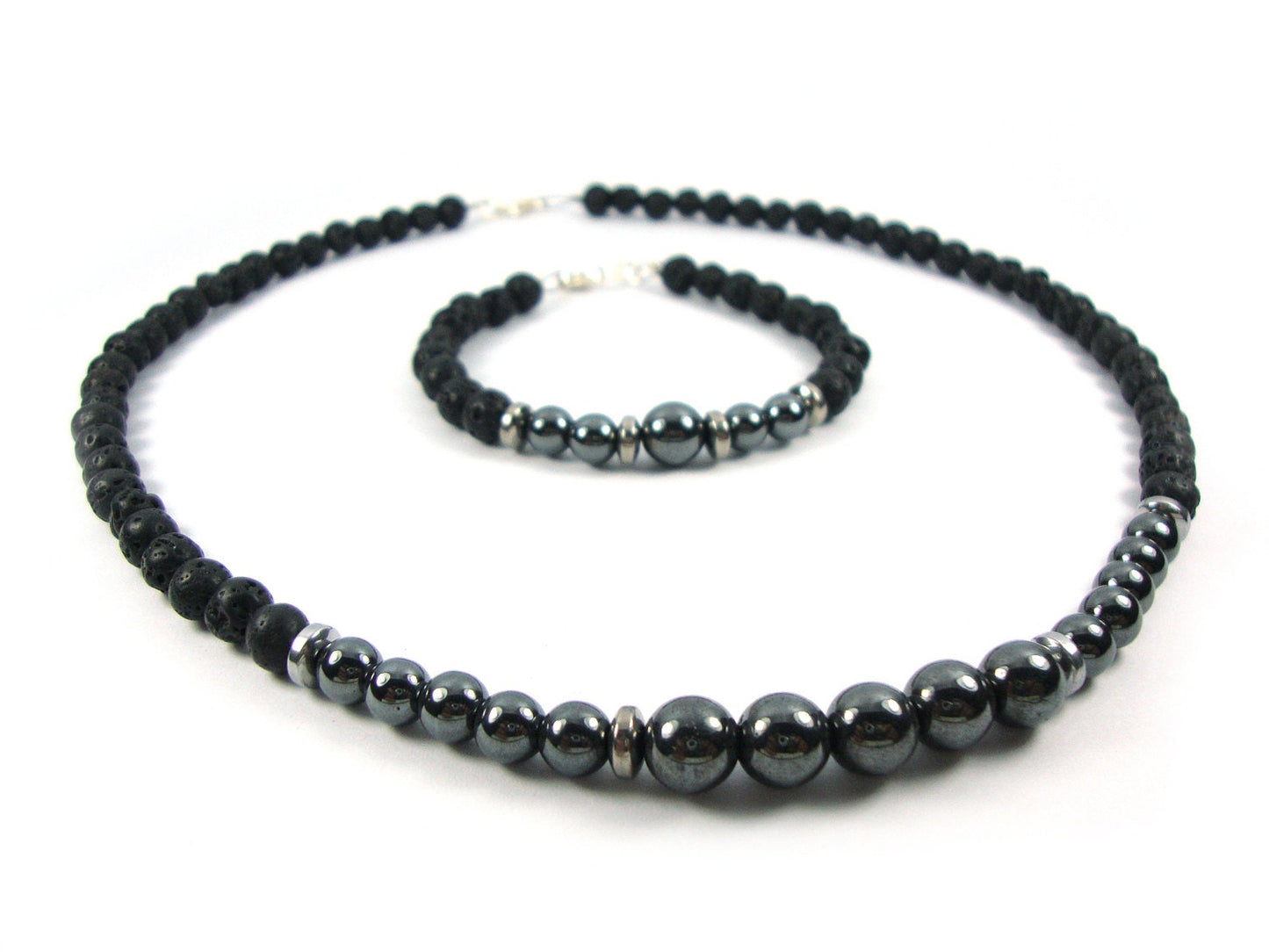 Santorini Jewelry Set Natural Black Volcanic Black Lava 6mm - Natural Hematite 6&8mm Handmade Greek  Bracelet Necklace
