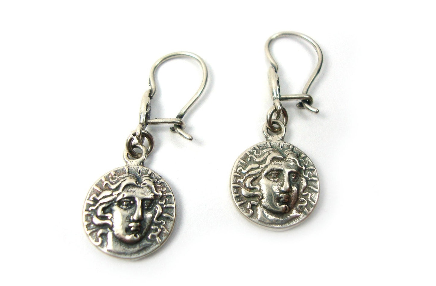 Sterling Solid Silver 925 Greek Earrings  , Ancient Greek Replica Coin Didrachmon Helios God Of Sun , Greek Jewelry , Griechische Ohrringe