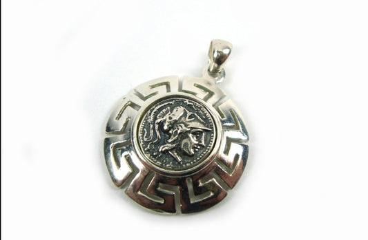 Brand new Greek silver pendant that depicts a replica coin of goddess Athena surrounded by the Greek Key Meander design. 