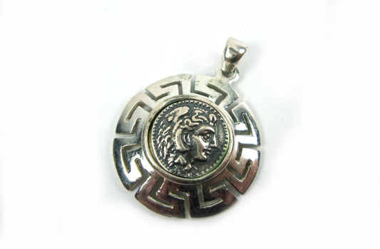 Greek Silver Jewelry: Sterling Silver 925 Pendant featuring an illustrious Alexander the Great coin in a Greek Key Meandros frame, diameter: 26mm.