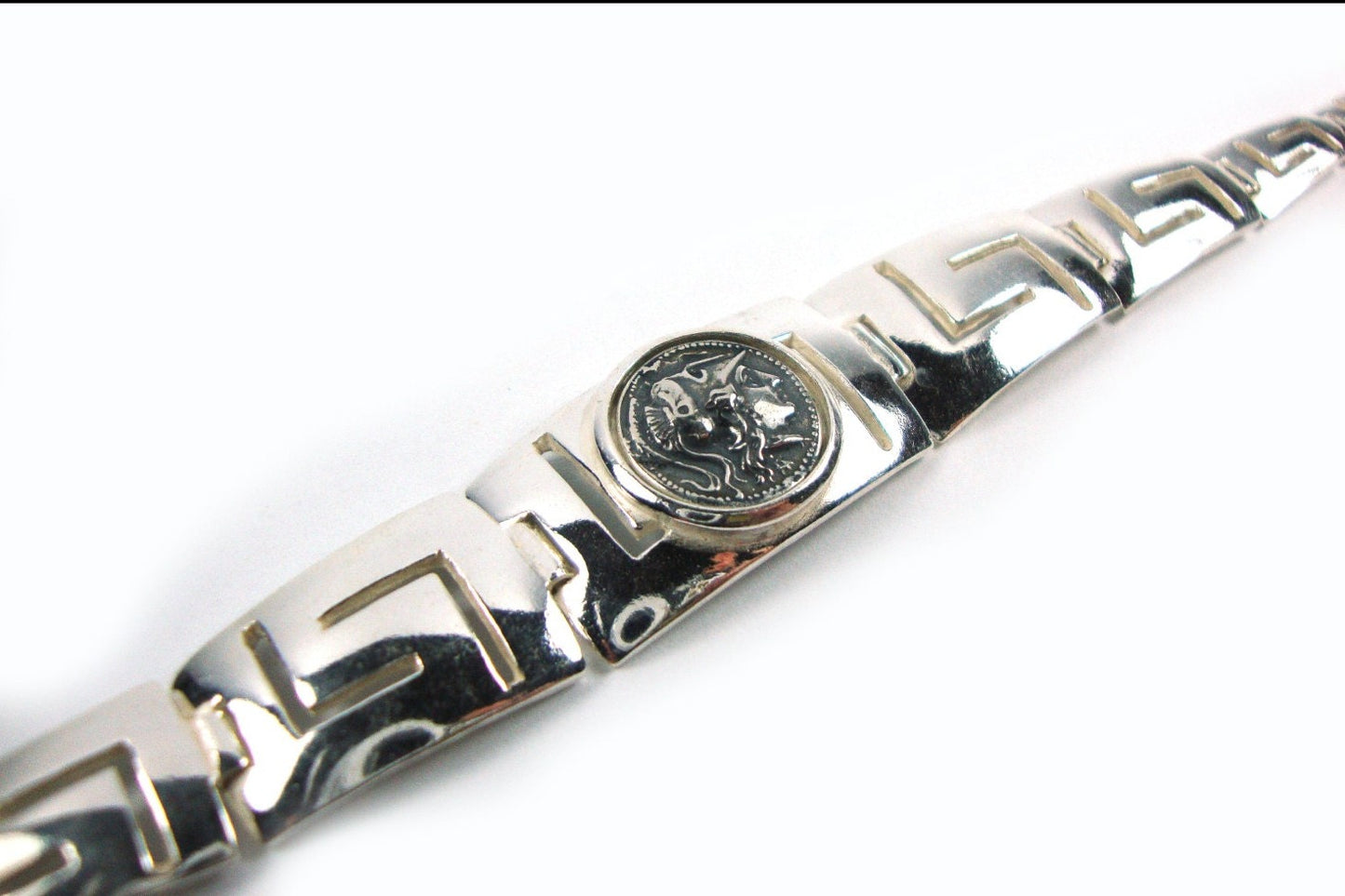 Silber griechisches Athena Armband 19cm, griechischer Schlüsselschmuck Mäander Design Münzarmband, Griechischer Silber Armband Schmuck, Bijoux Grecque,