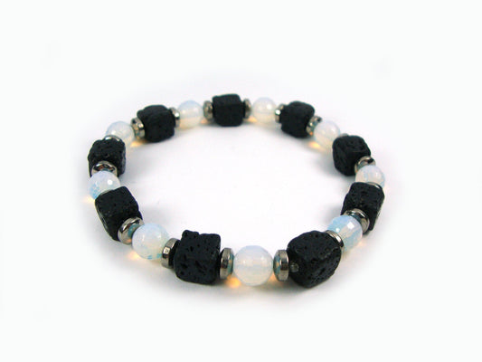 Santorini Natural Black Volcanic Cube Lava & Moonstone 8x8mm  Handmade Men Women Unisex Bracelet