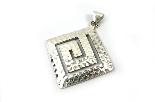 Greek Key hammered silver pendant in square shape on white background
