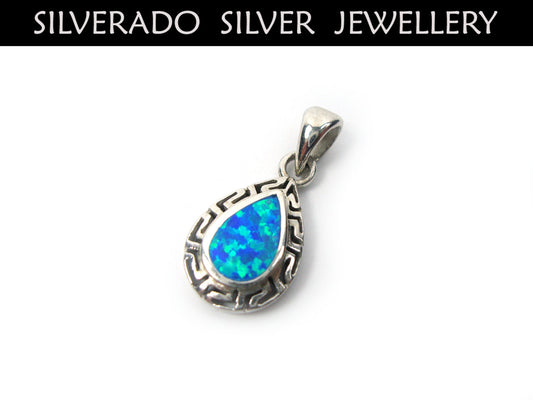 Sterling Silver 925 Greek Pendant , Eternity Key Design Drop Shape , Fire Rainbow Blue Opal 11x15mm , Griechische Silber Anhanger , Grec