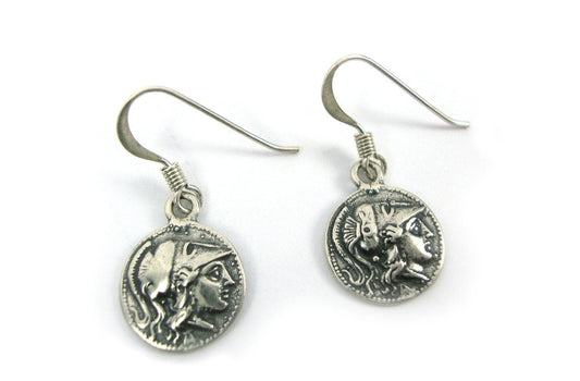 Greek Earrings, Sterling Solid Silver 925 Small Earrings Ancient Greek Coin Goddess Athena 13mm, Griechische Silber Ohrringe, Bijoux Grecs