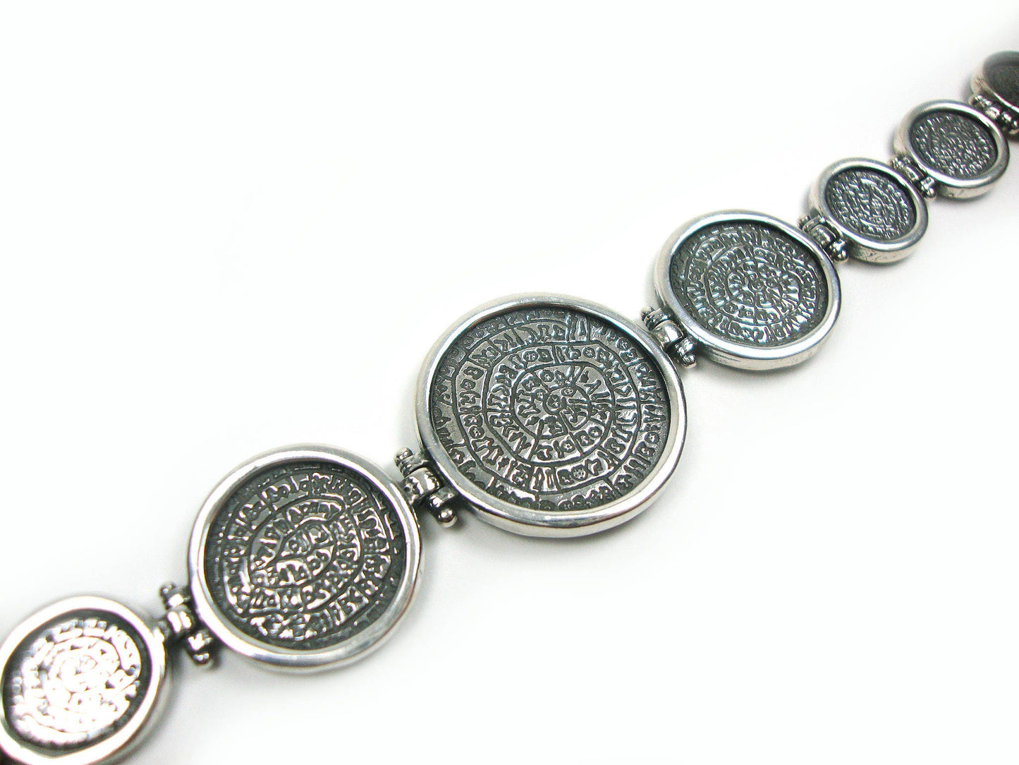 Sterling Silber 925 altgriechisches minoisches gerahmtes Phaistos Disc Gradual Armband 19 cm - 7,41 Zoll, Phaistos Disc Armband, Bijoux Grecque