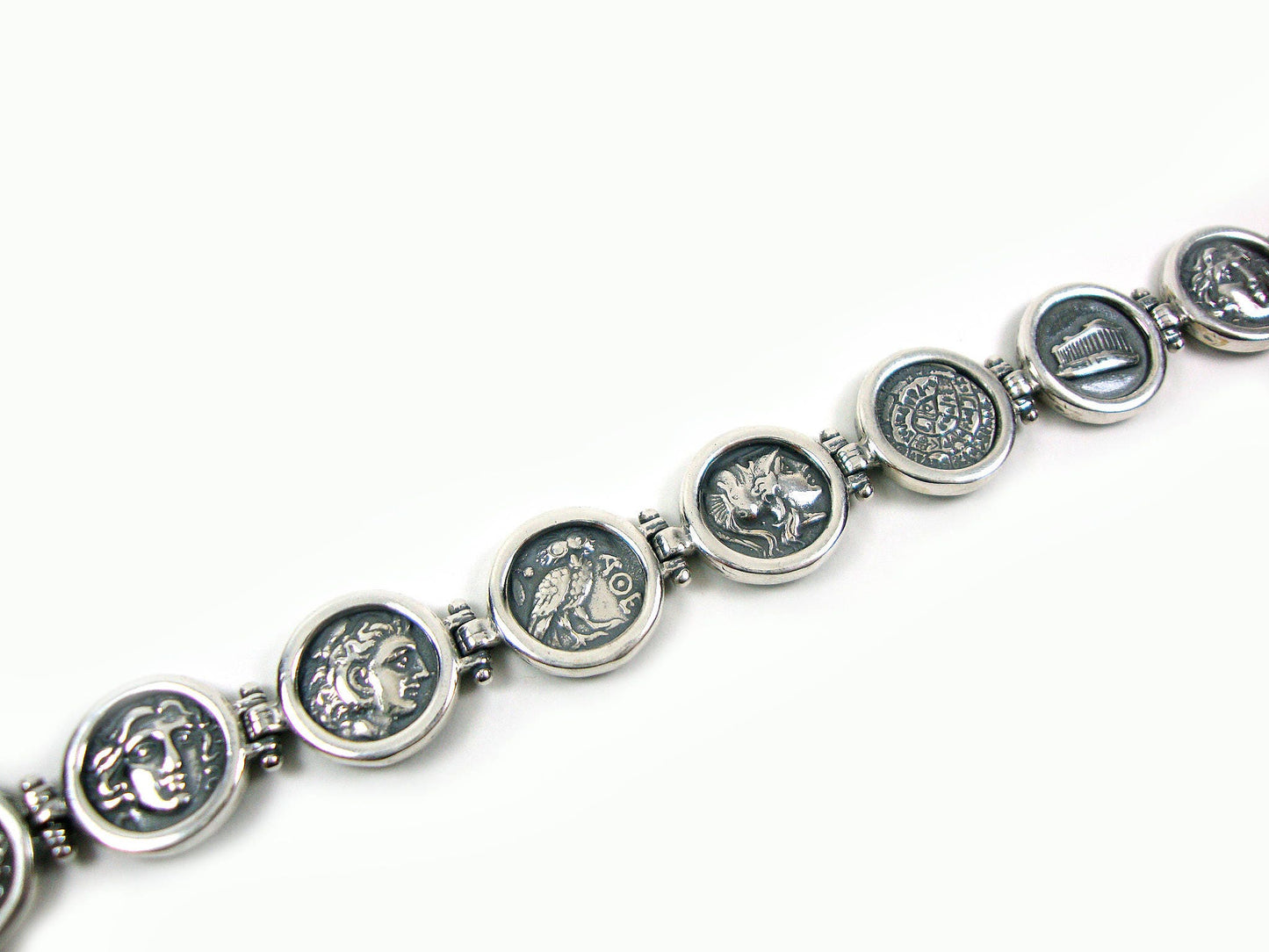 Sterling Silber 925 Griechisches Armband Münzen Symbole Diskos von Phaistos, Athena, Alexander, Eule, Akropolis, Apollo 18m Griechisches Armband, Schmuck