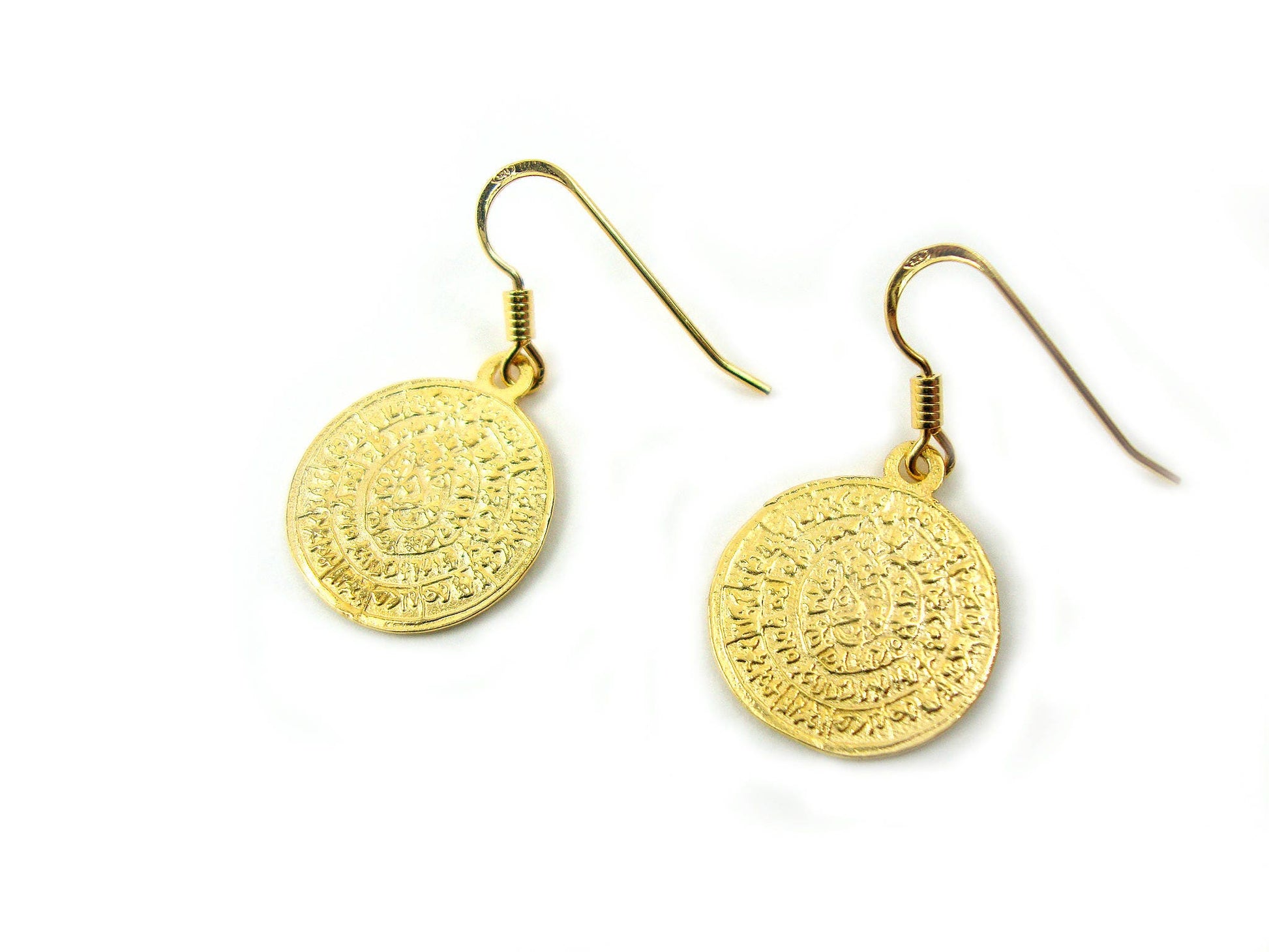 Phaistos Disc gold plated dangle earrings with a diameter 16mm