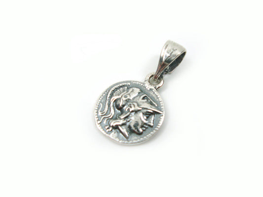 A Greek silver pendant that depicts a replica of an ancient Greek coin and goddess Athena measuring 13mm in diameter.
