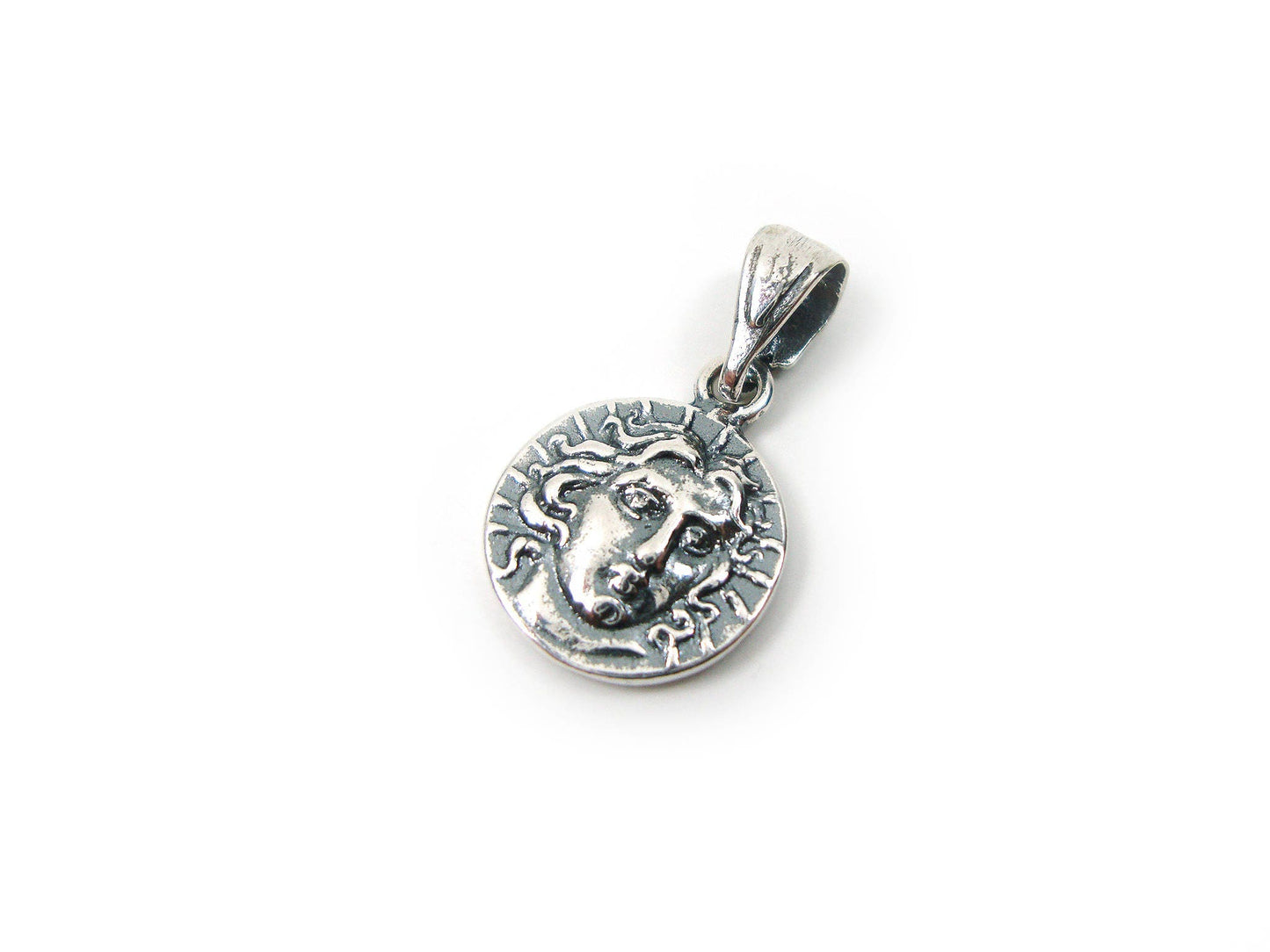Sterling Solid Silver 925 Ancient Greek Replica Coin Didrachmon Pendant 13mm Helios God Of Sun From Rhodes
