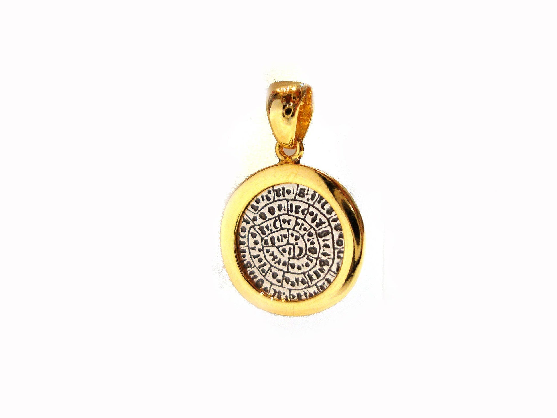 An elegant Greek Silver Jewelry pendant plated with 22K gold, featuring an Ancient Greek Minoan Phaistos Disc design, handcrafted in Greece.