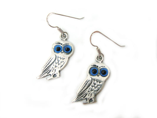 Sterling Silver 925 Ancient Greek Goddess Athena's Owl &amp; Evil Eye Good Luck Charm Dangle Boucles d'oreilles, Griechische Silber Eule Ohrringe