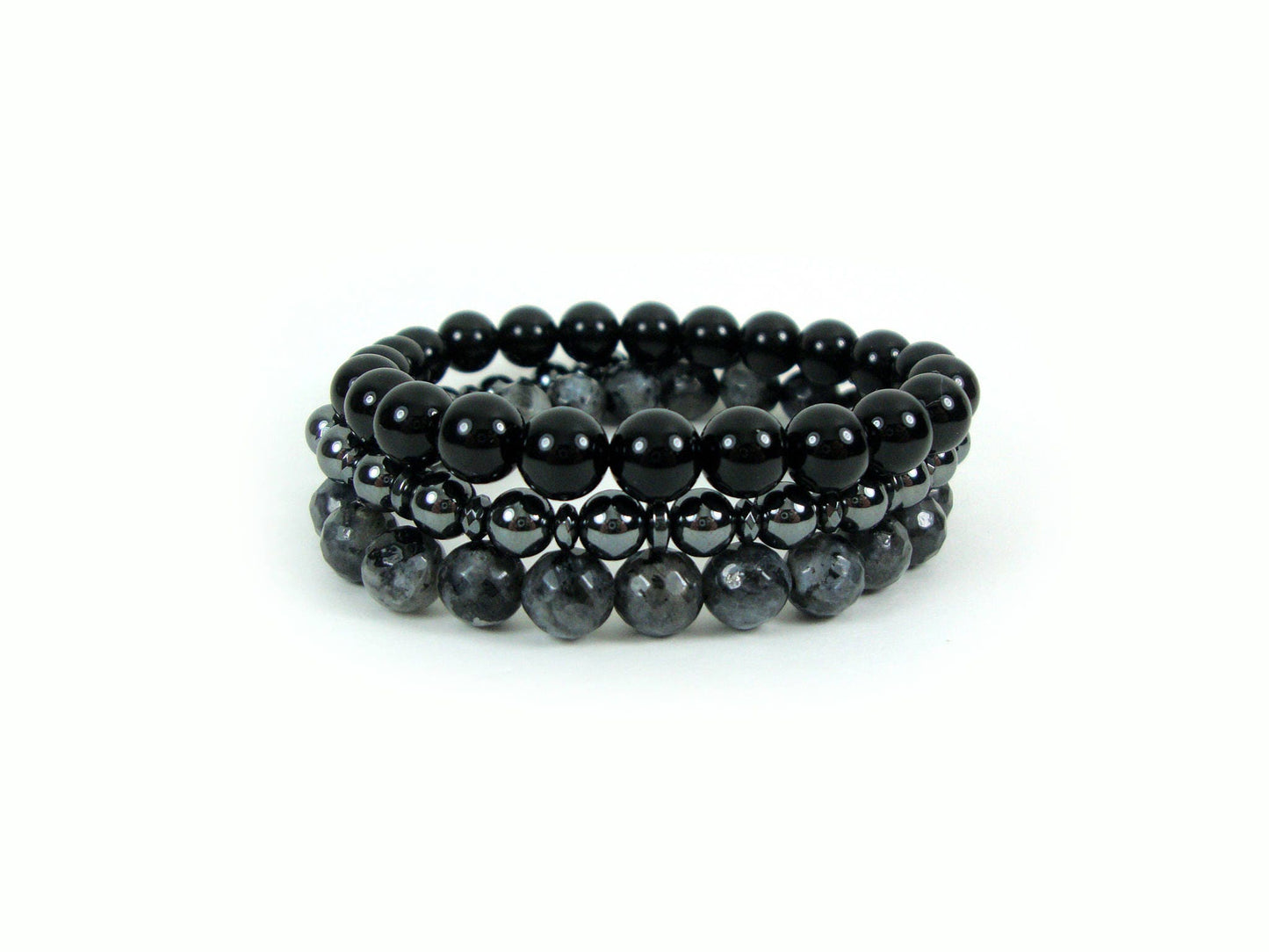 Stacking Bracelet Triple Set Onyx - Hematite - Larvikite, Stack Bracelet, Men Women Bracelet, Unisex Bracelets, Stone Set Bracelets,