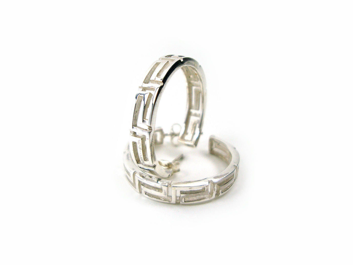 Sterling Silver 925 Greek Earrings , Greek Eternity Key Hoop Earrings 27mm , Griechische Ohrringe ,Boucles d'oreilles grecques