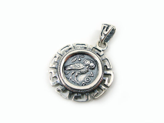 Sterling Silber 925 Altgriechische Göttin Athena's Owl Coin 2-Sides Pendant, Griechische Silber Munze Anhanger, Pendetif Grecque Argent