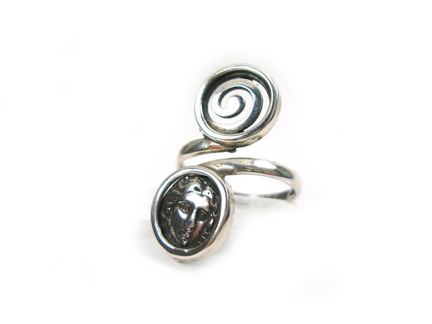 Sterling Silver 925 Ancient Greek Circle Of Life & Greek God Of Sun Helios , Adjustable Ring 6.5-8.5 US, Griechische Silber Ring, Bague Grec