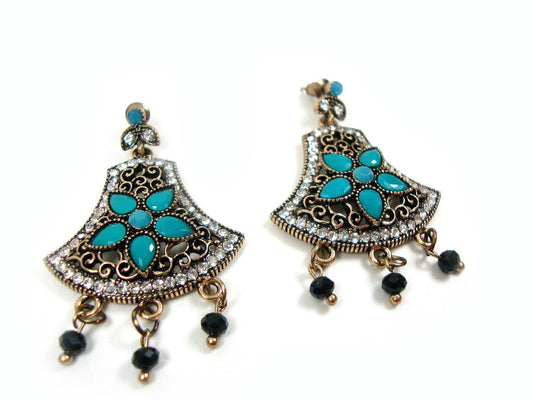 Bijoux grecs, boucles d'oreilles pendantes vintage de pierres de cristal bleu-blanc de style antique, boucles d'oreilles antiques ethniques, bijoux traditionnels byzantins