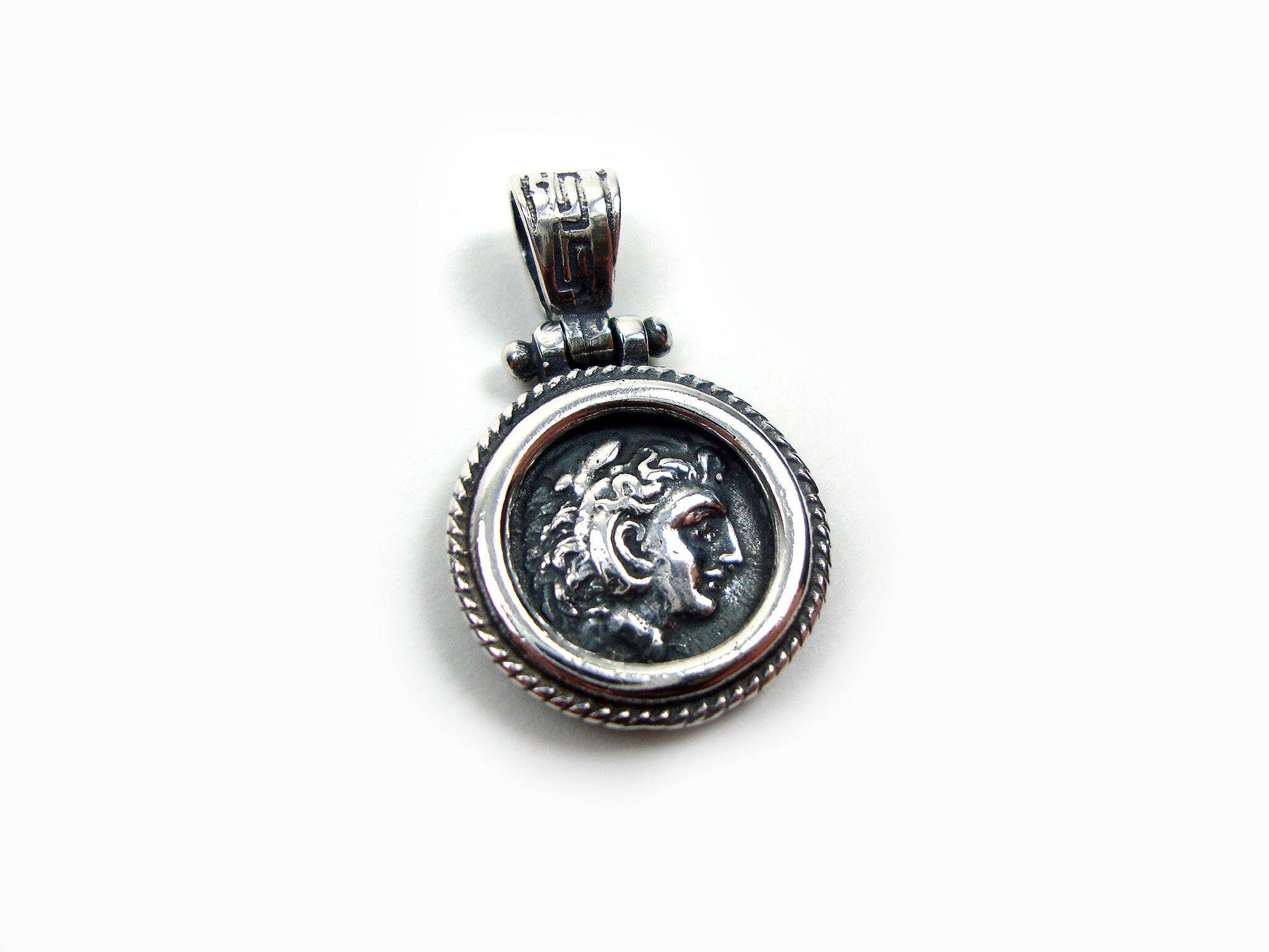 Greek Silver Jewelry: Sterling Silver 925 Pendant featuring an iconic Alexander the Great coin, handcrafted in Greece. Diameter: 17mm.