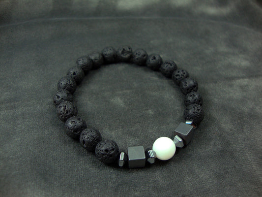 Lava-Armband, Santorini natürliche schwarze vulkanische Lava 8 mm – weißer Onyx 8 mm – Hämatit – einzigartiges Design, handgefertigt, griechische Männer und Frauen