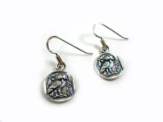 Image of Sterling Silver 925 Dangle Earrings with Replica Greek Coin, featuring a 13mm width and 25mm length, handmade in Greece.