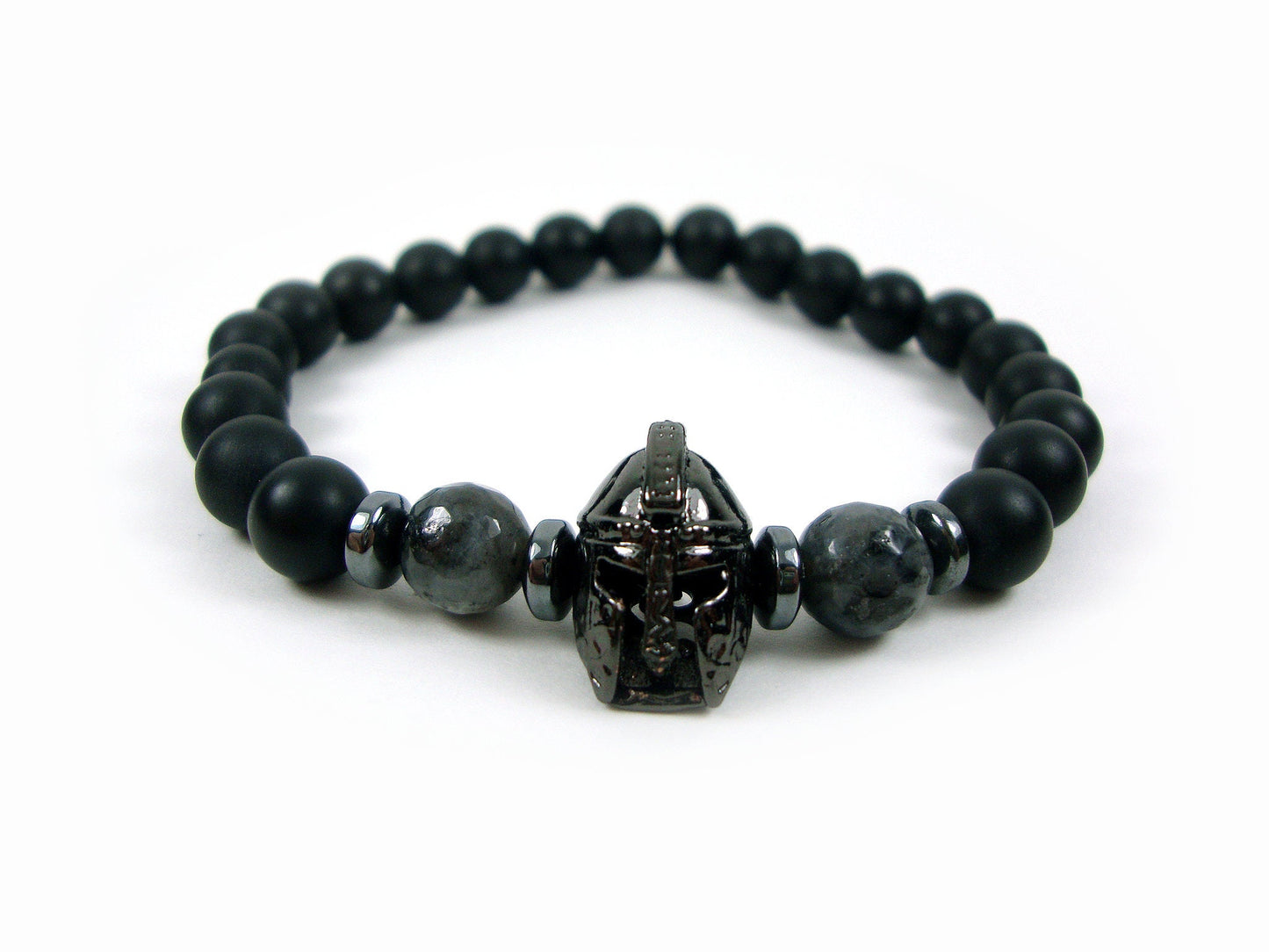 Mens Bracelet, Ancient Greek Black Color Helmet , Matt Onyx - Larvikite - Hematite, Greek Bracelet, Men Bracelet, Men Jewelry, Black Stones