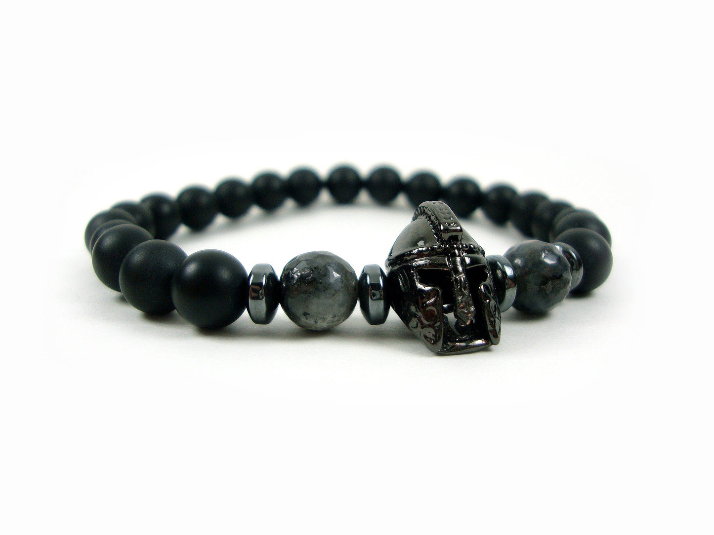 Mens Bracelet, Ancient Greek Black Color Helmet , Matt Onyx - Larvikite - Hematite, Greek Bracelet, Men Bracelet, Men Jewelry, Black Stones