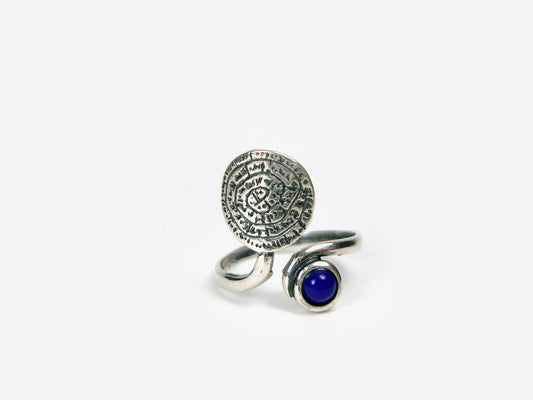 Sterling Silver 925 Ancient Greek Minoan Phaistos Disc & Blue Stone Adjustable Ring, Phaistos Disc Silber Griechische Ring Schmuck