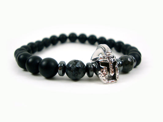 Mens Bracelet, Ancient Greek Silver Color Helmet , Matt Onyx - Larvikite - Hematite, Greek Bracelet, Men Bracelet, Men Jewelry, Black Stones