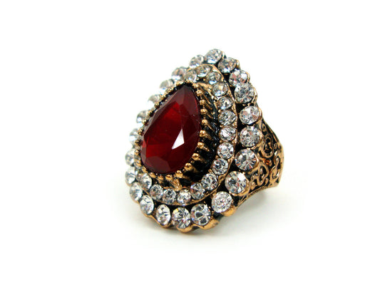 Byzantine  Dark Red & White Color Crystal Stones Modern Greek Pear Shape Ring, Ethnic  Ring, Turkish Vintage Ring Traditional Jewelry