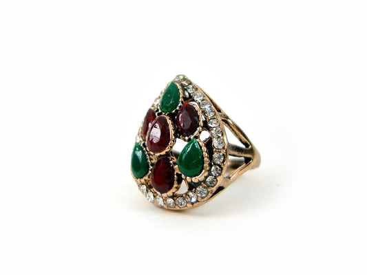 Byzantinischer mehrfarbiger Kristallstein-moderner griechischer Birnen-Tropfen-Ring, ethnischer Ring, türkischer Vintage-Ring traditioneller Schmuck