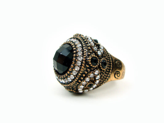 Byzantinische schwarz-weiße Farbe Kristallsteine ​​Moderner griechischer runder Ring, ethnischer Ring, türkischer Vintage-Ring, traditioneller Schmuck