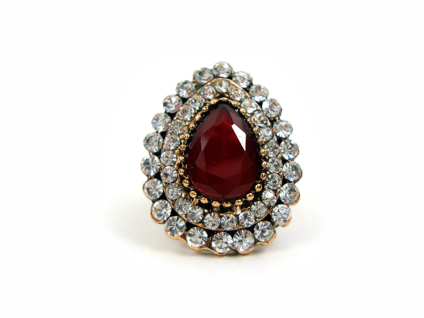 Byzantine Dark Red - White Color Crystal Stones Modern Greek Pear Shape Ring, Ethnic Ring, Turkish Vintage Ring Traditional Jewelry