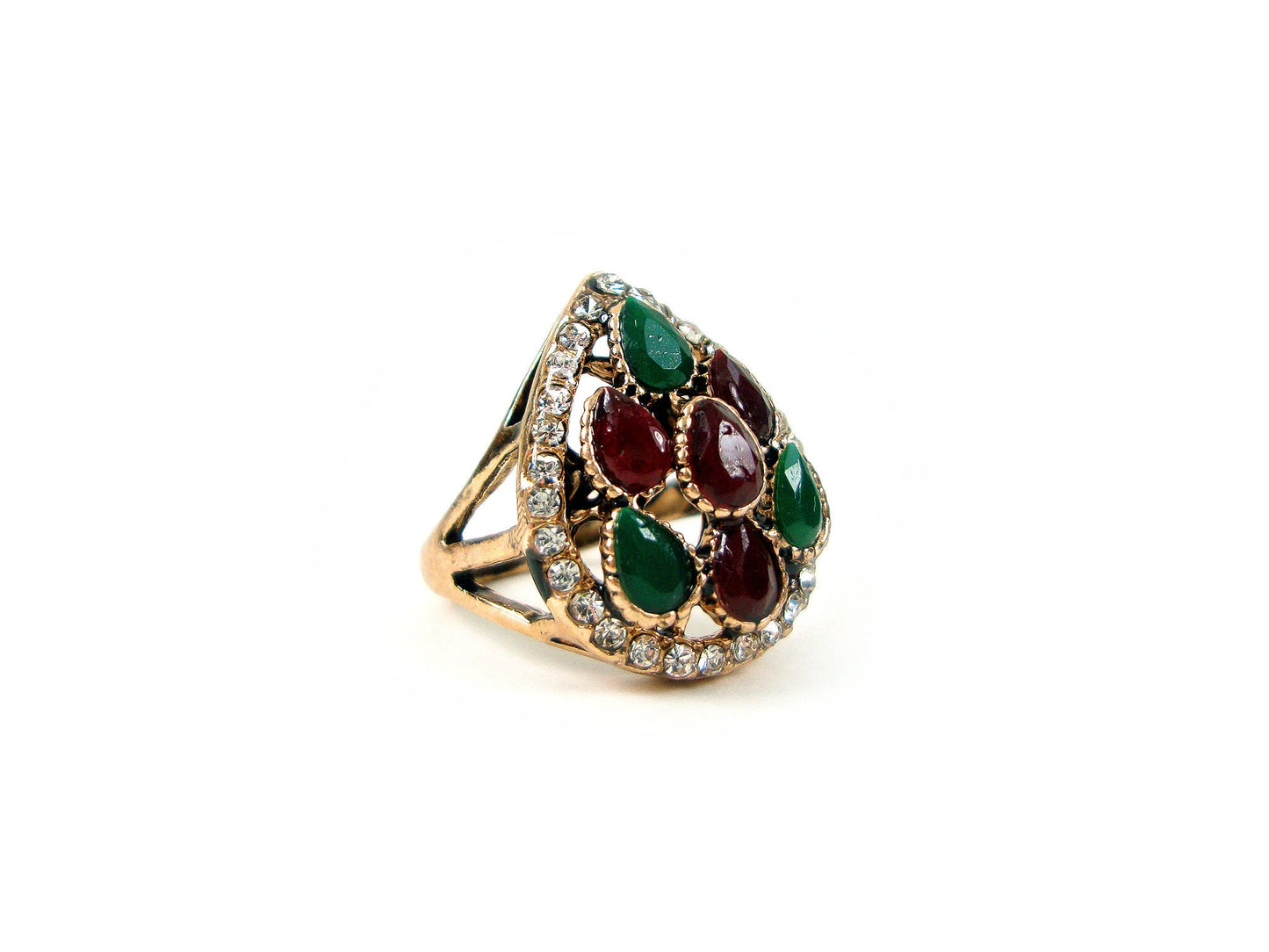 Byzantinischer mehrfarbiger Kristallstein-moderner griechischer Birnen-Tropfen-Ring, ethnischer Ring, türkischer Vintage-Ring traditioneller Schmuck
