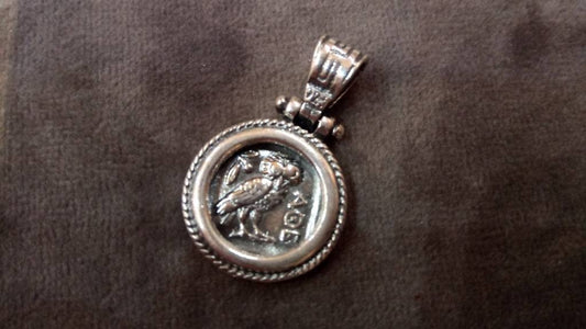 Sterling Silver 925 Ancient Greek Goddess Athena Round Pendant 17mm, Owl Greek Pendant, Griechische Eule Anhanger, Pendetif Grecque Bijoux