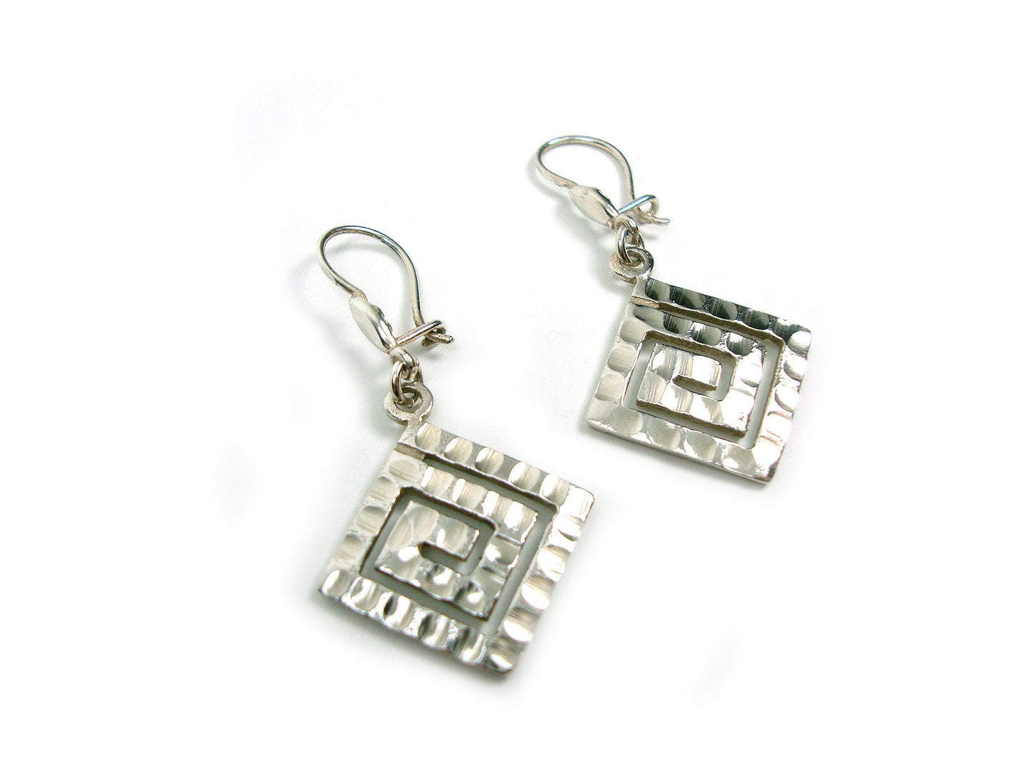 Sterling Silver 925 Greek Eternity Key Square Dangle Hammered Earrings 17x17mm, boucles d'oreilles Grecque, Griechische Silber Ohrringe