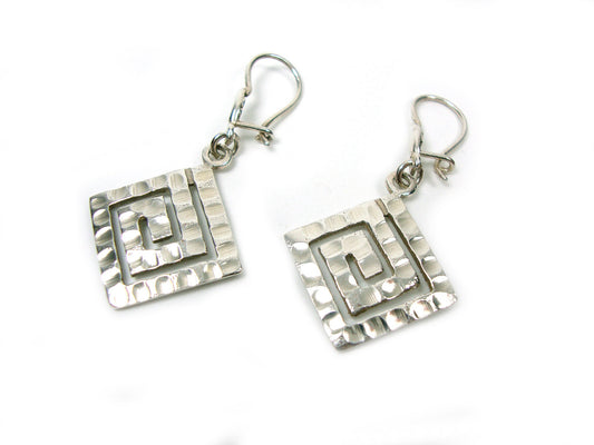 Sterling Silver 925 Greek Eternity Key Square Dangle Hammered Earrings 17x17mm, boucles d'oreilles Grecque, Griechische Silber Ohrringe
