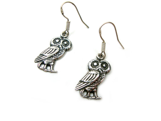 Sterling Silver 925 Ancient Greek Goddess Athena's Owl Dangle Earrings 20x9mm ,Griechische Ohrringe Eule, Boucles d'oreilles Hibou Grecque