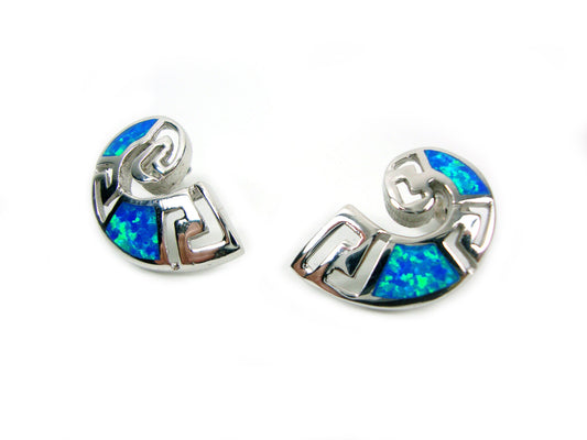 Sterling Silver 925 Greek Earrings , Nautilus Greek Key Spiral Fire Blue Opal Stone Round Dangle Earrings , Griechische Ohrringe Opal