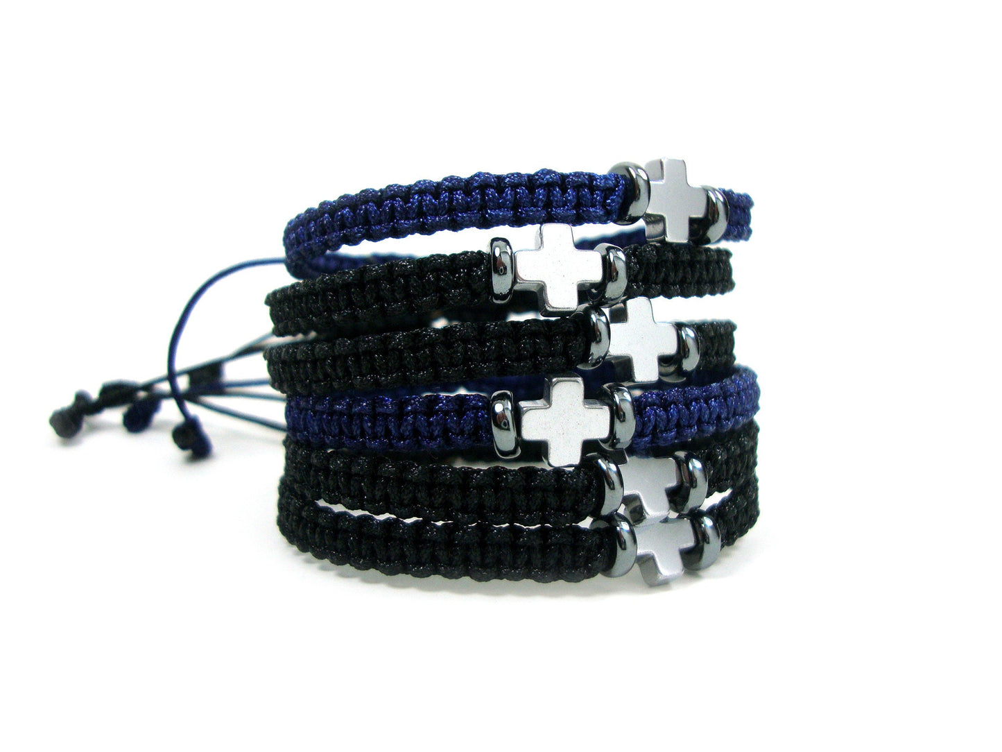 Bracelet homme, bracelet femme, bracelet macramé grec fait à la main &amp; hématite pierre couleur argent croix 8x8mm, bracelet croix minimaliste tendance