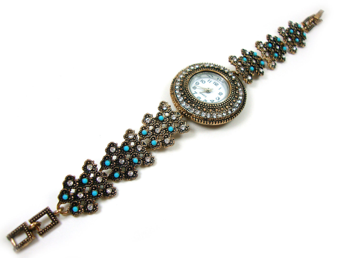 Greek Byzantine Modern Watch ,Blue Stones & Crystals Quartz Round Ethnic Watch, Turkish Bracelet Watch, Greek Jewelry, Greek Turkish Jewelry