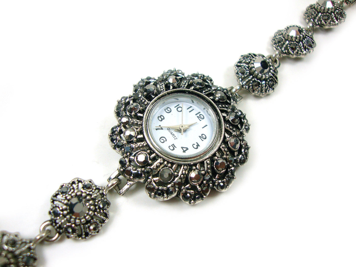 Greek Byzantine Modern Watch ,Gray Silver Crystals Quartz Round Ethnic Watch, Turkish Bracelet Watch, Greek Jewelry, Greek Turkish Jewelry