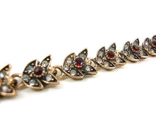 Türkisches Schmuckarmband, rot-weiße Kristalle, modernes Blattform-Armband, ethnisches antikes Armband, türkisches Armband, traditioneller Schmuck