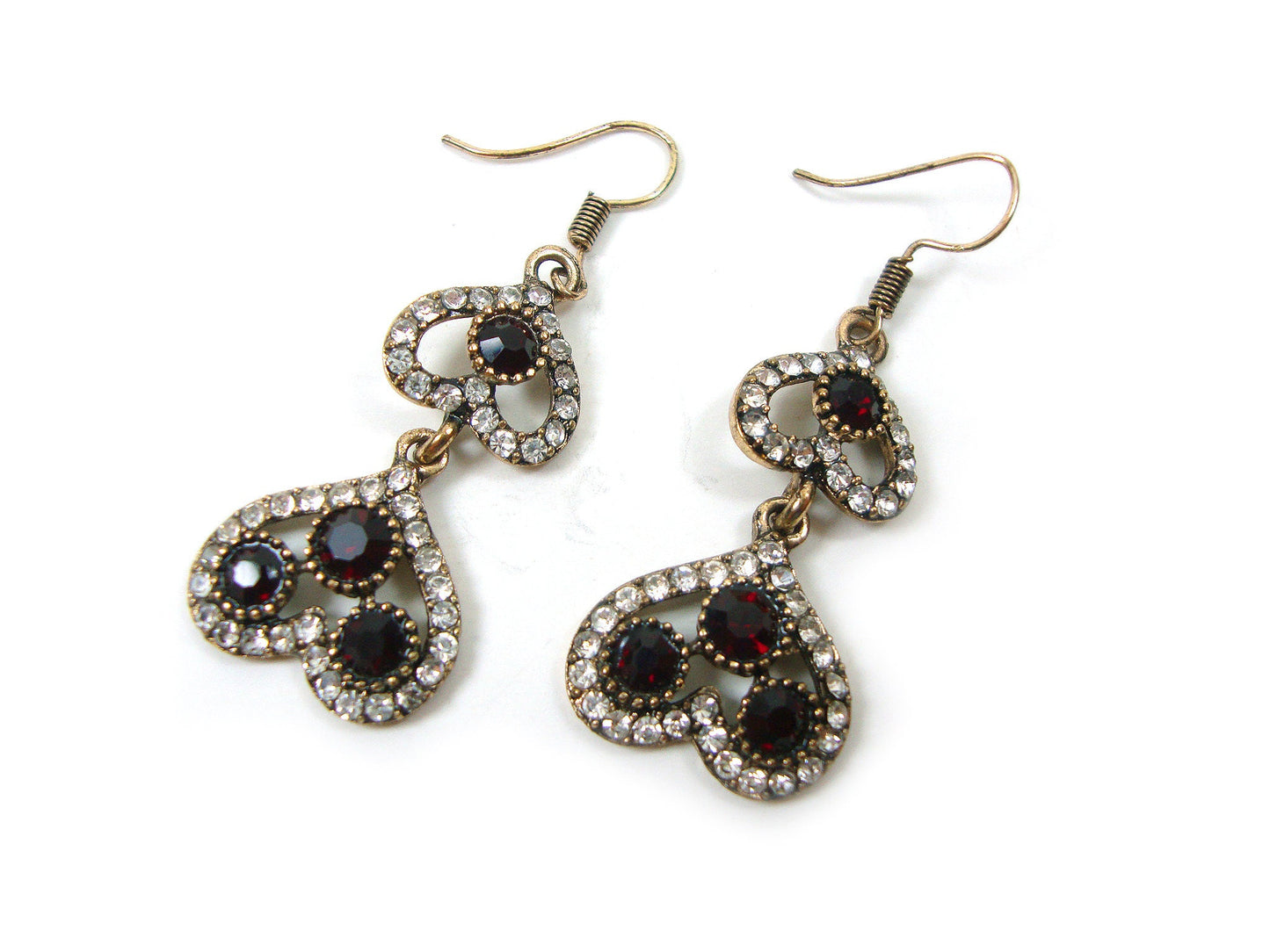 Byzantine Earrings, Modern Style Dark Red Crystal Stones Dangle Heart Shape Earrings, Ethnic Antique Earrings, Greek Turkish Earrings Dangle