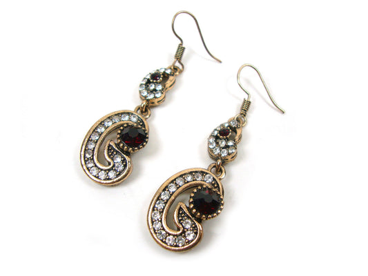 Byzantine Earrings, Modern Style Dark Red Crystal Stones Dangle Swirl Shape Earrings, Ethnic Antique Earrings, Greek Turkish Earrings Dangle