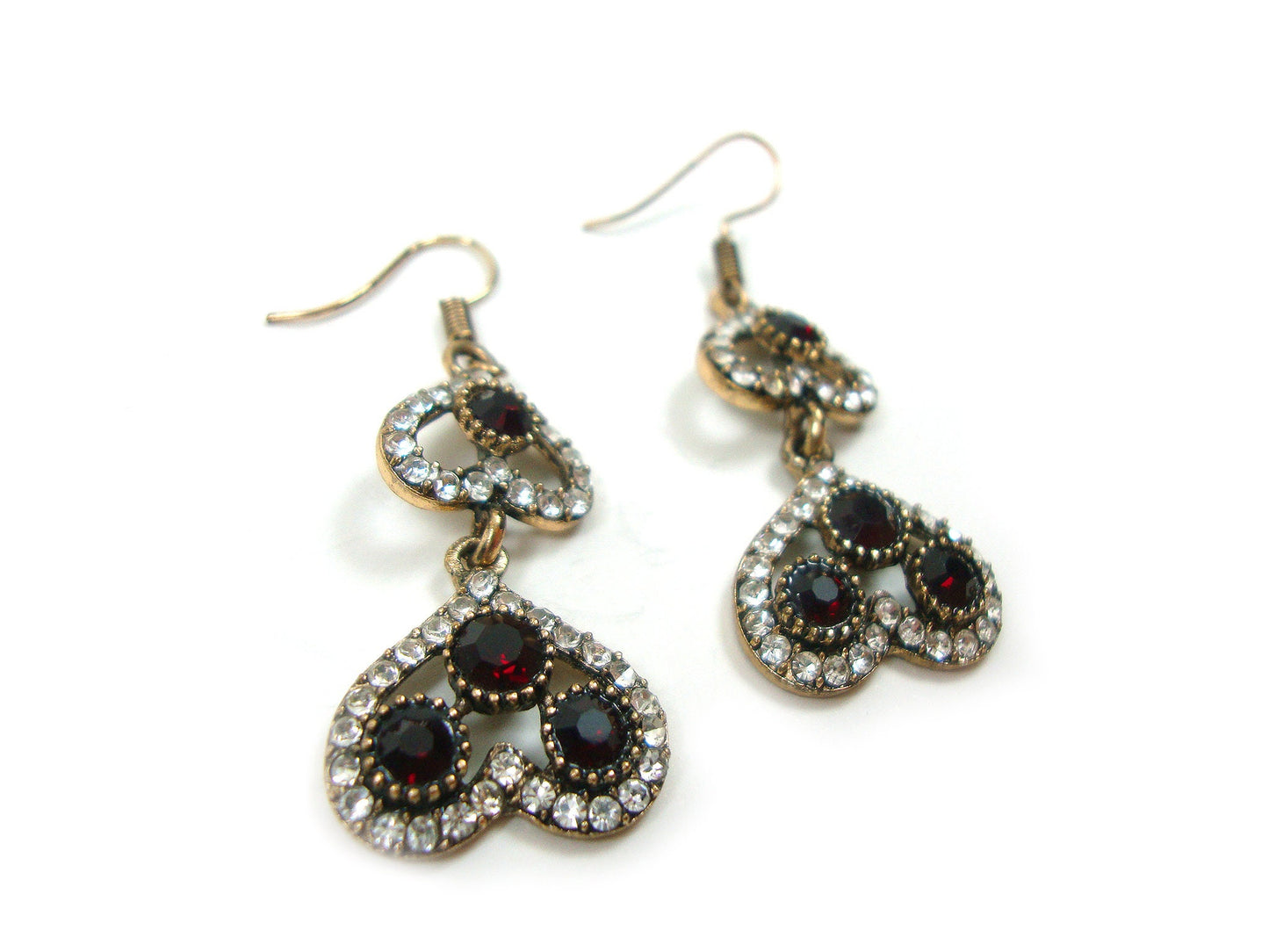 Byzantine Earrings, Modern Style Dark Red Crystal Stones Dangle Heart Shape Earrings, Ethnic Antique Earrings, Greek Turkish Earrings Dangle