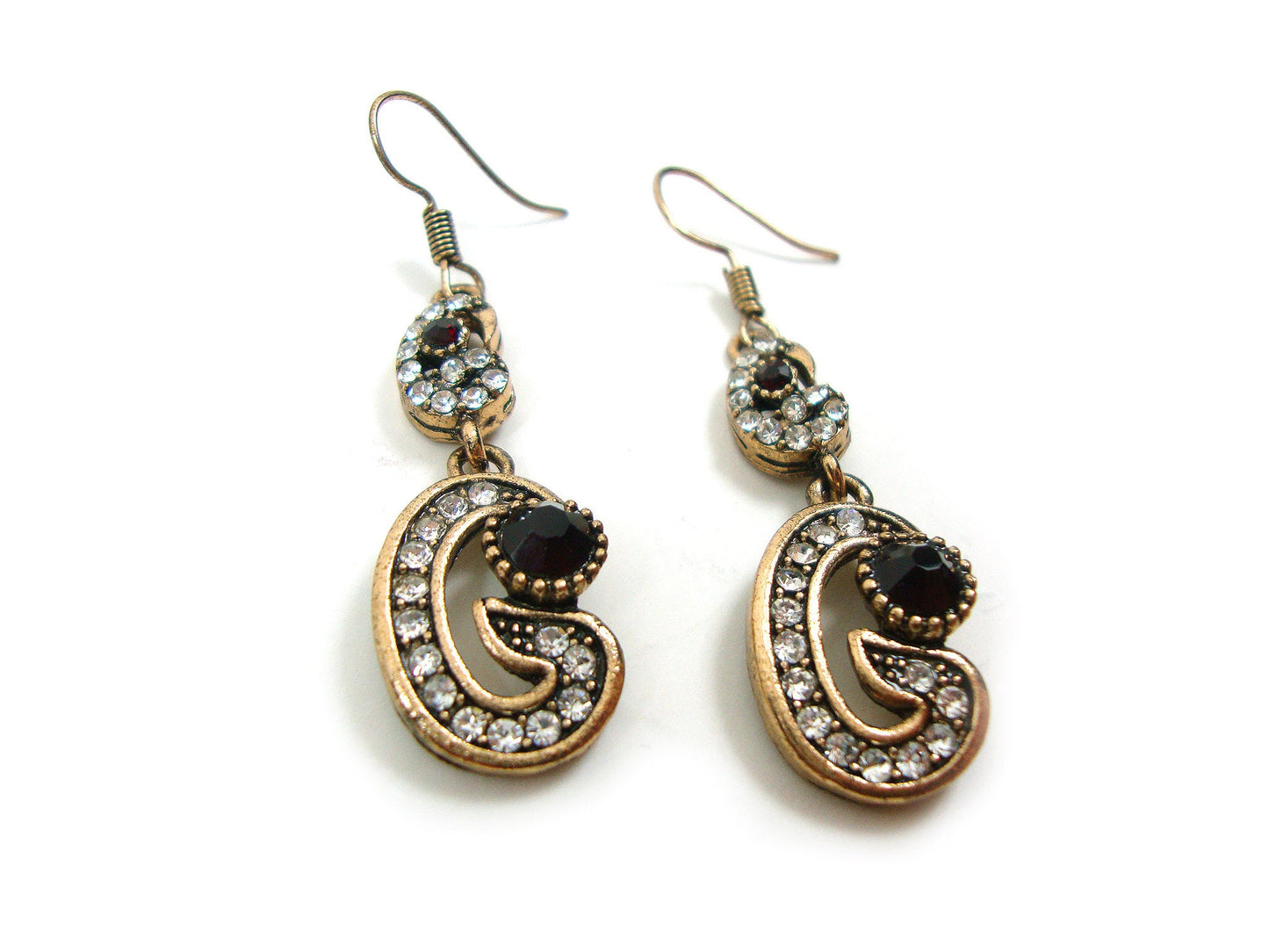Byzantine Earrings, Modern Style Dark Red Crystal Stones Dangle Swirl Shape Earrings, Ethnic Antique Earrings, Greek Turkish Earrings Dangle