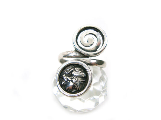 Sterling Silver 925 Ancient Greek Spiral Swirl Vortex 13mm& Goddess Athena Greek Coin 13mm Adjustable Ring, Greek Silver Ring, Greek Jewelry