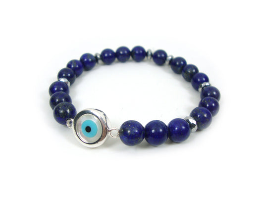 Argent sterling 925 Evil Eye Mother Pearl - Natural Lapis Lazuli A' Blue Stones 8mm , Silver Evil Eye Men Women Bracelet, Evil Eye Bracelet