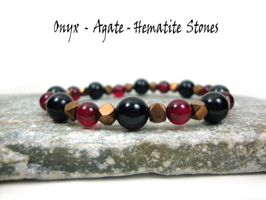 Natural Red Agate 6mm - Black Onyx 8mm - Hematite Bronze Color Stones Bracelet, Red Agate Bracelet, Black Onyx Bracelet, Red Agate Bracelet