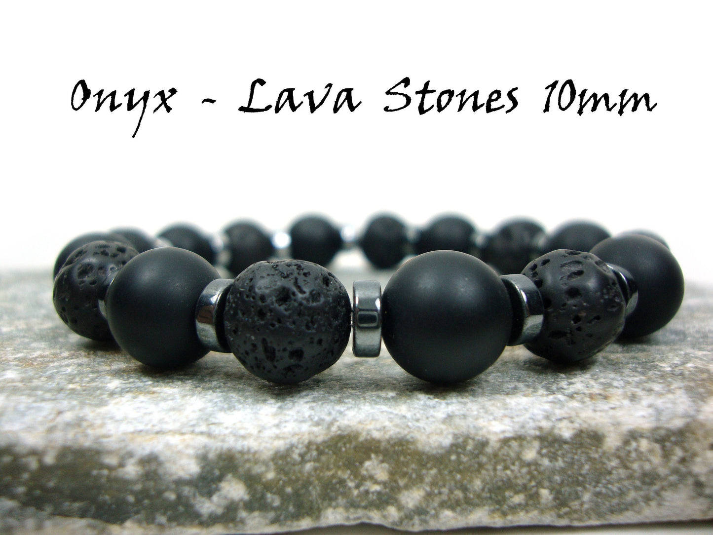 Natürliche vulkanische Santorini griechische schwarze Lavasteine, schwarze matte Onyxsteine ​​10 mm, Hämatit-Silber-Farbstein-Armband, Lava-Armband